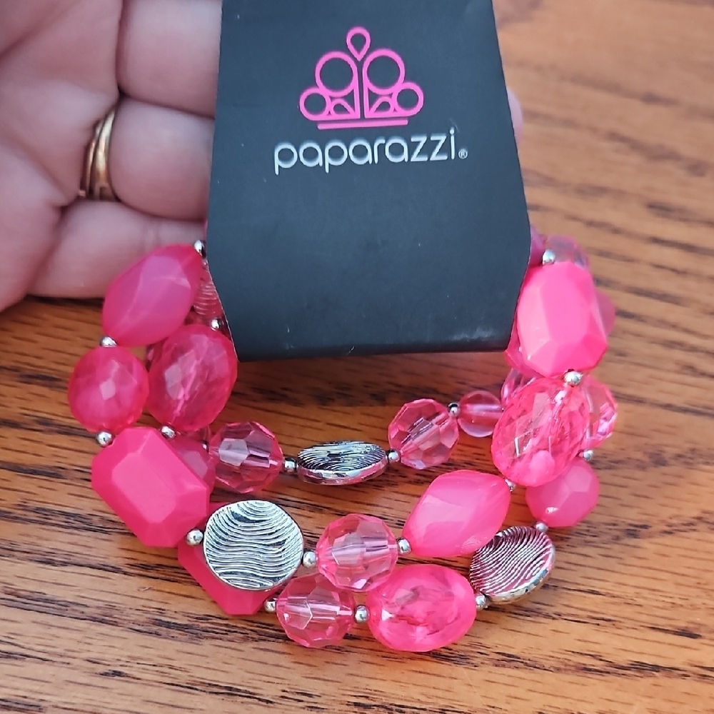 Paparazzi Vibrant Pink and Silver Bracelet Set Of 3 - Picture 2 of 5